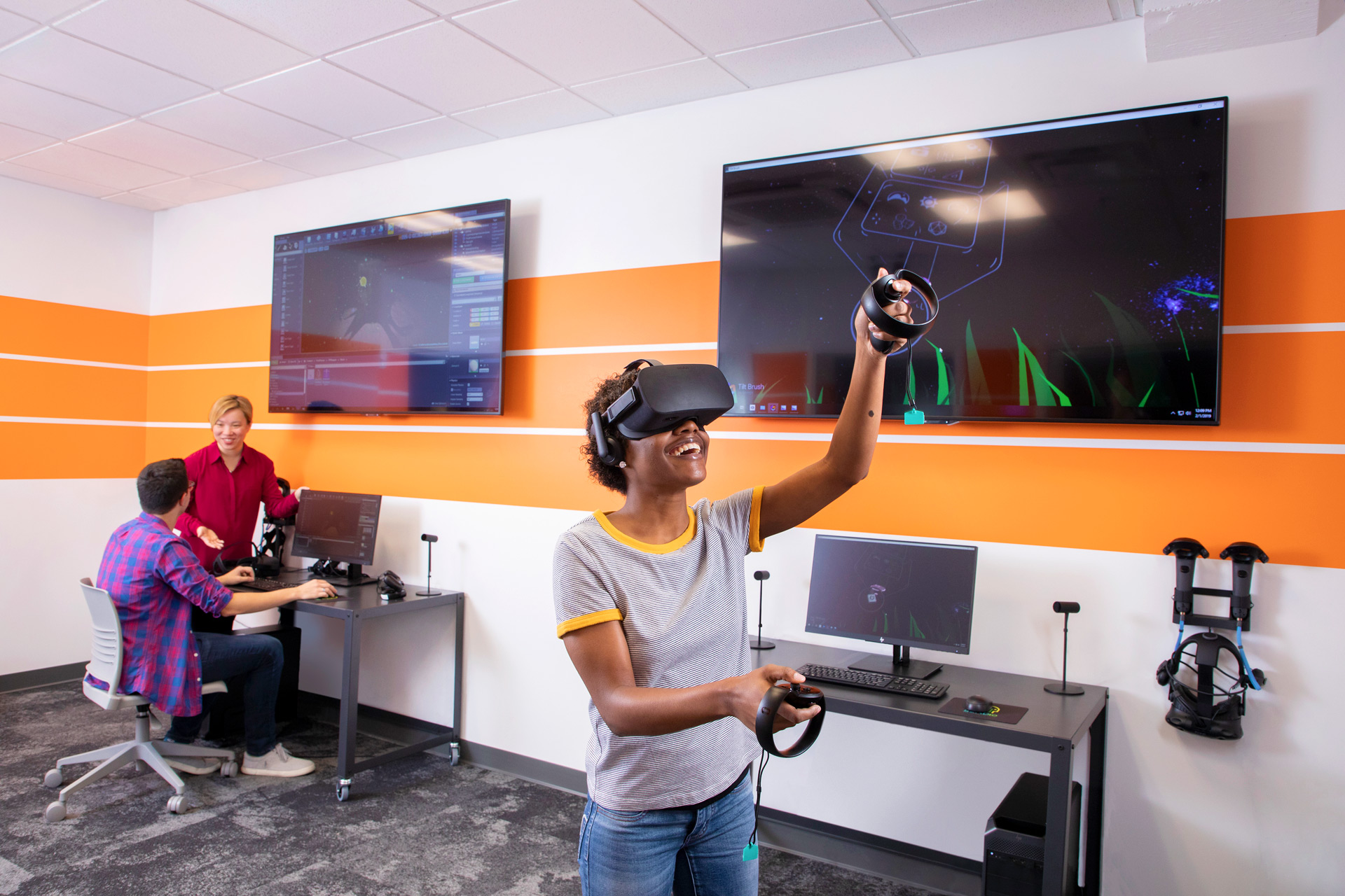 Student using virtual reality goggles in class
